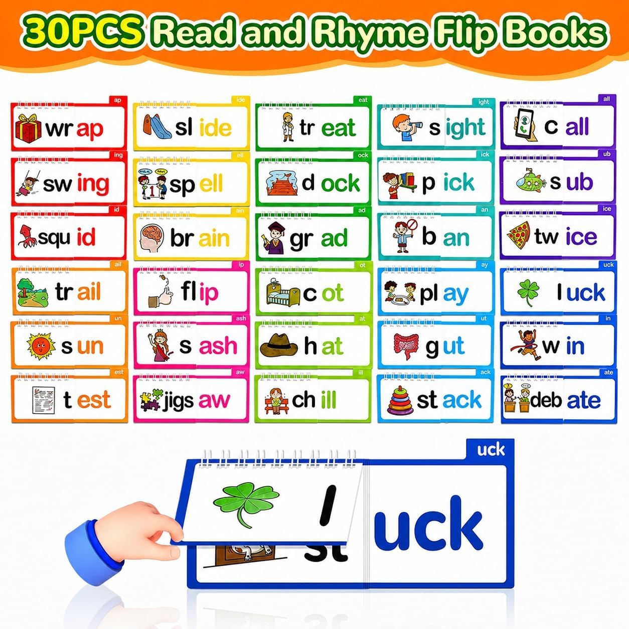 Read & Rhyme Flip Books – 30 Phonics & Vocabulary Learning Cards - Zghartoys